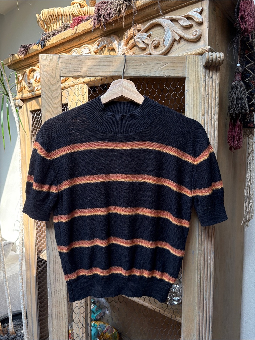 Free People Striped Mock Neck Short Sleeve Knit Sweater